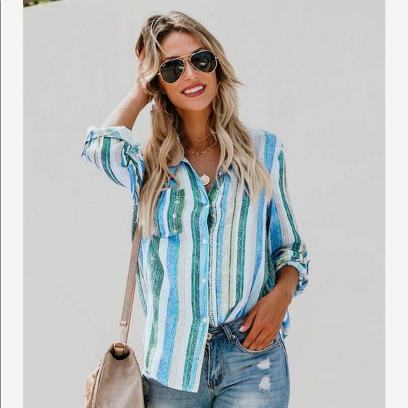 1 Left! Striped L.S. Button Down Top in Cool Colors - Picture 3 of 6